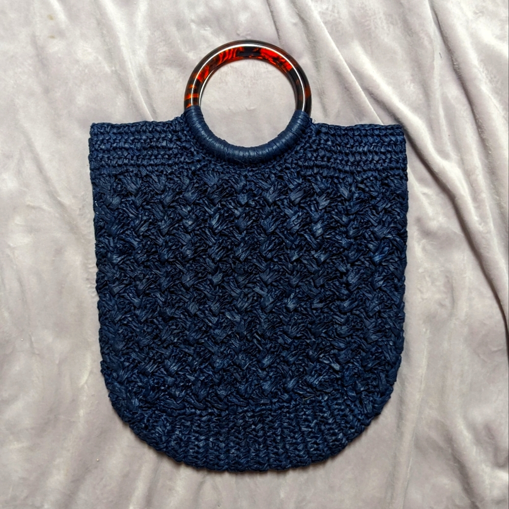 NWT J. Crew Tortoiseshell Ring Handle Woven Paper Purse Navy Blue - MAKE OFFER!